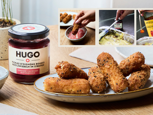 Kroketten aus Vacherin Fribourgeois AOP mit Mais und eingelegten HUGO roten Zwiebeln